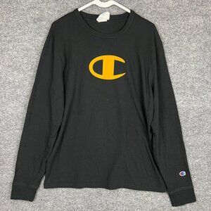 Champion Mens Long Sleeve Black‎ Shirt Size M with Logo on Front/Back
